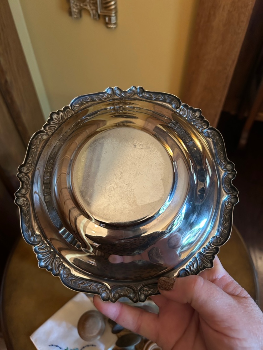 Vintage Silver Plated Bowl with Wooden Architectural Salvage Door Knobs - Picture 4 of 7
